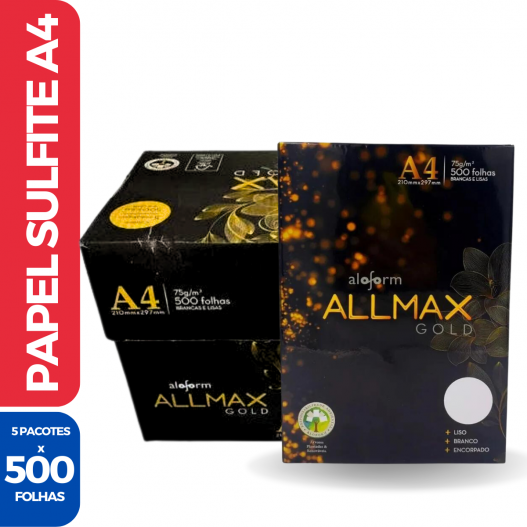 Papel Folha Sulfite A4 Branca - Allmax Gold - 5 Pacotes C/ 500 Unidades